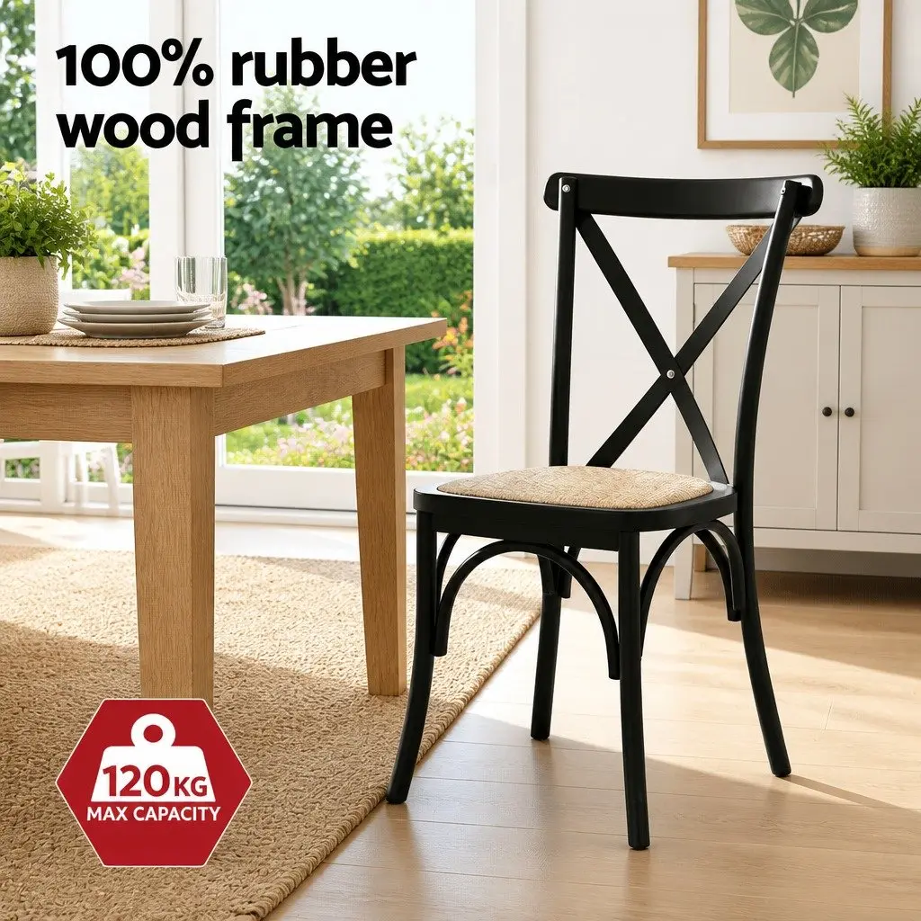 Dining Chairs Rattan Seat Wooden Frame Ergonomic Curved Backrest Black Set of Four