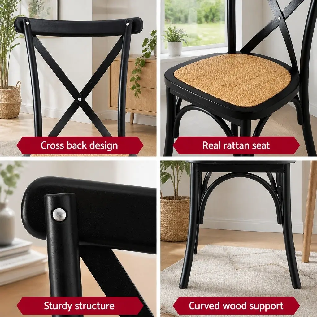 Dining Chairs Rattan Seat Wooden Frame Ergonomic Curved Backrest Black Set of Four