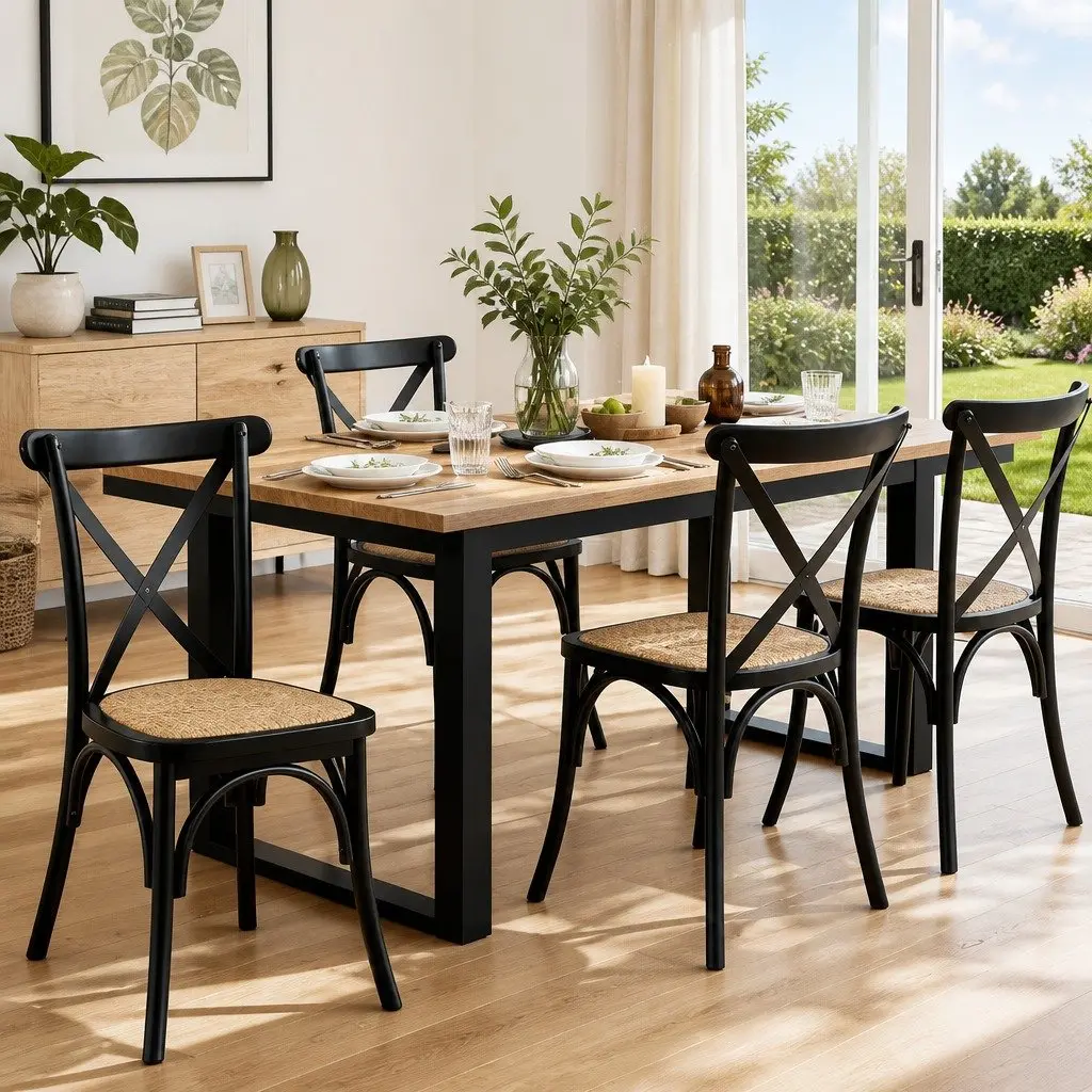 Dining Chairs Rattan Seat Wooden Frame Ergonomic Curved Backrest Black Set of Four