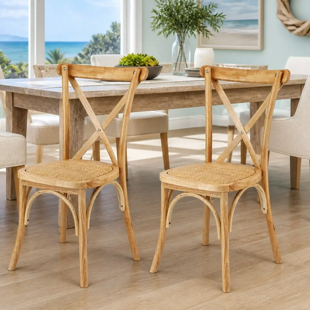 Dining Chairs Rattan Wooden Natural Rubber Wood Frame Ergonomic Curved Backrest 42cm W x 42cm D x 88cm H