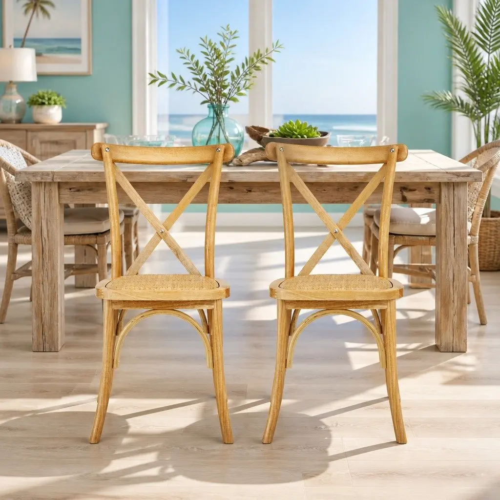 Dining Chairs Rattan Wooden Natural Rubber Wood Frame Ergonomic Curved Backrest 42cm W x 42cm D x 88cm H
