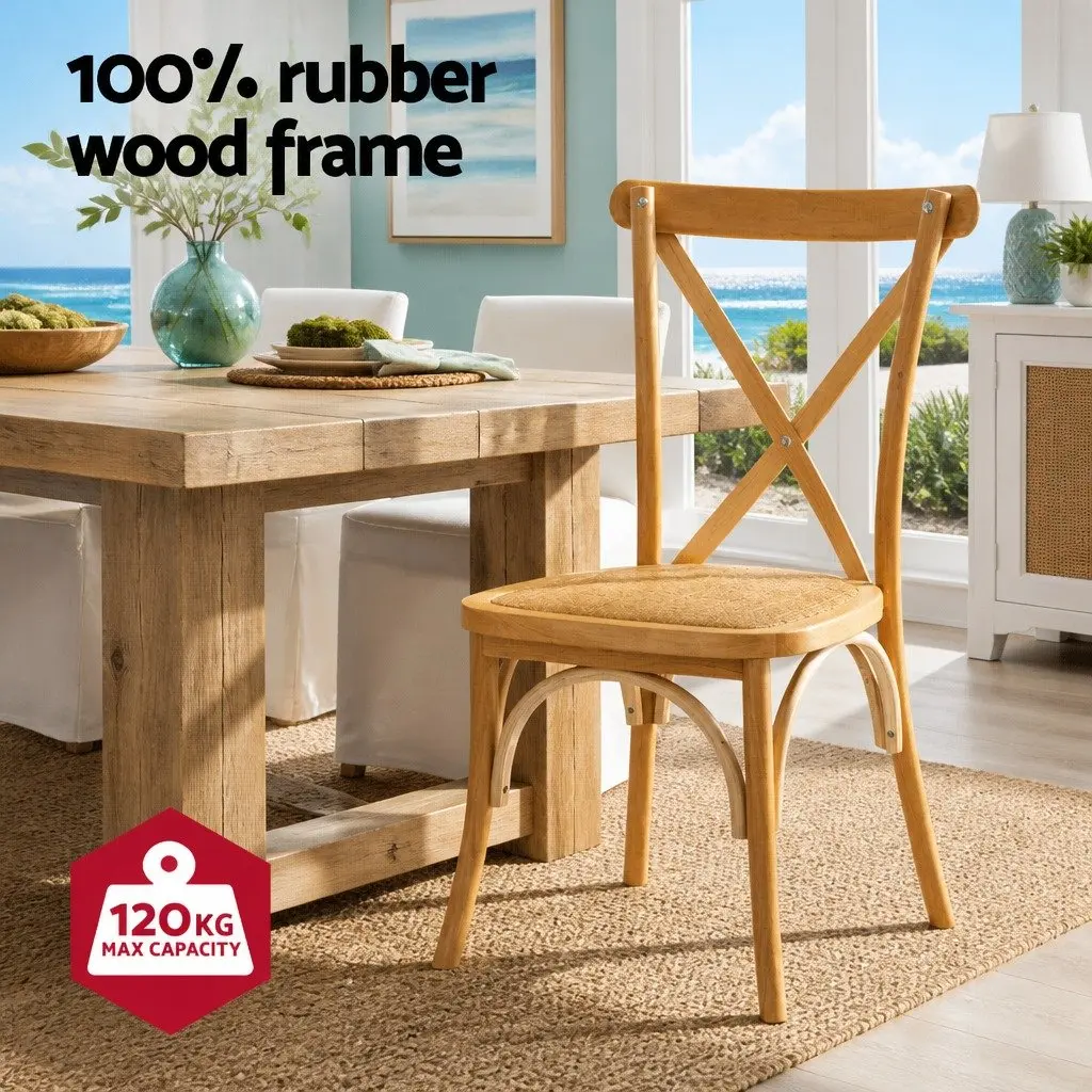Dining Chairs Rattan Wooden Natural Rubber Wood Frame Ergonomic Curved Backrest 42cm W x 42cm D x 88cm H