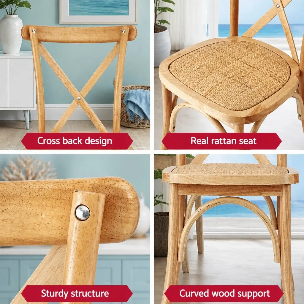 Dining Chairs Rattan Wooden Natural Rubber Wood Frame Ergonomic Curved Backrest 42cm W x 42cm D x 88cm H