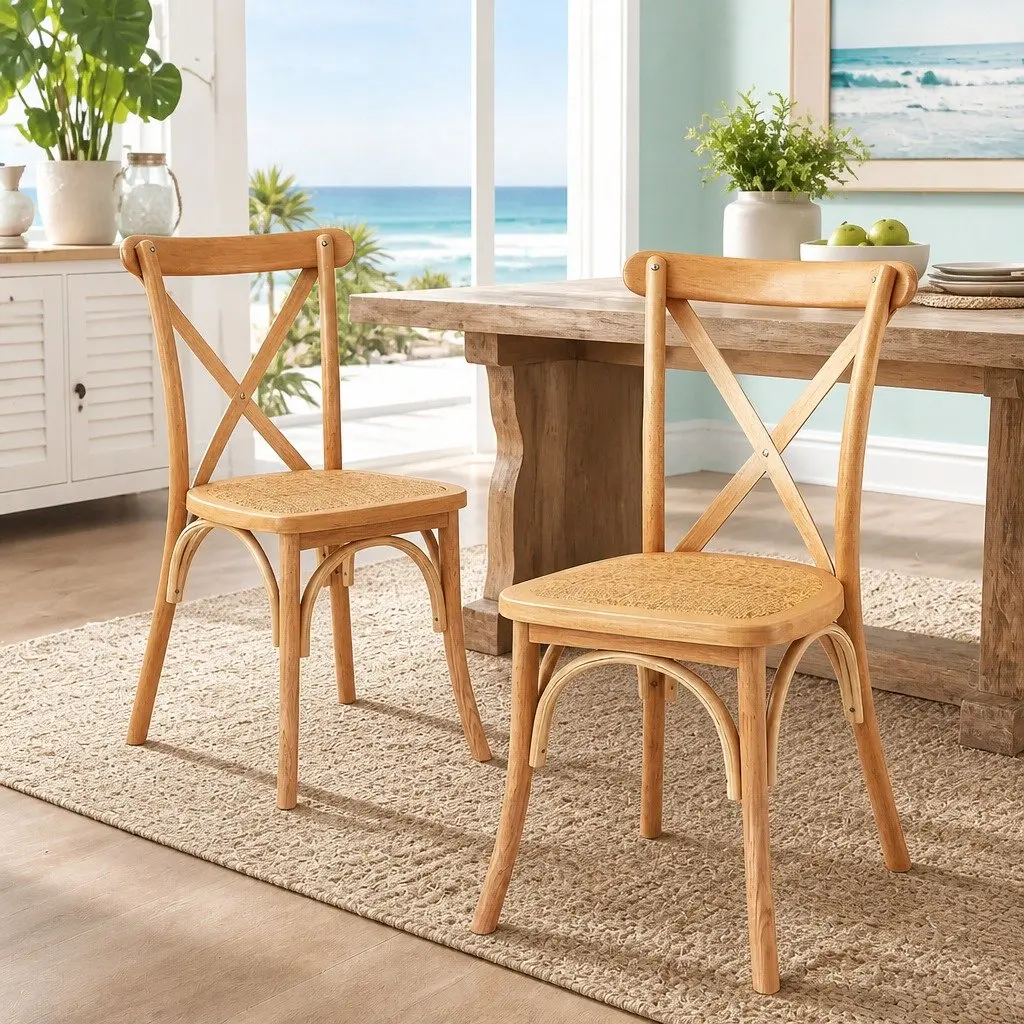 Dining Chairs Rattan Wooden Natural Rubber Wood Frame Ergonomic Curved Backrest 42cm W x 42cm D x 88cm H