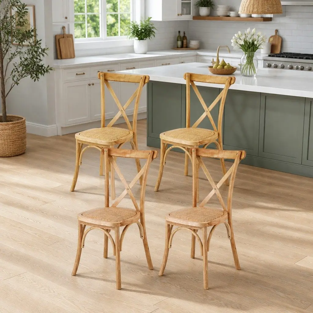 Dining Chairs Rattan Seat Wooden Frame 42cm x 42cm x 88cm Natural Rubber Wood Set of 4