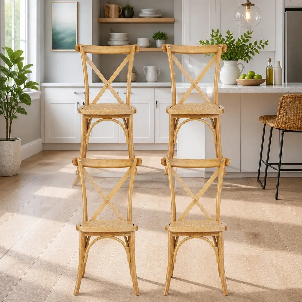Dining Chairs Rattan Seat Wooden Frame 42cm x 42cm x 88cm Natural Rubber Wood Set of 4