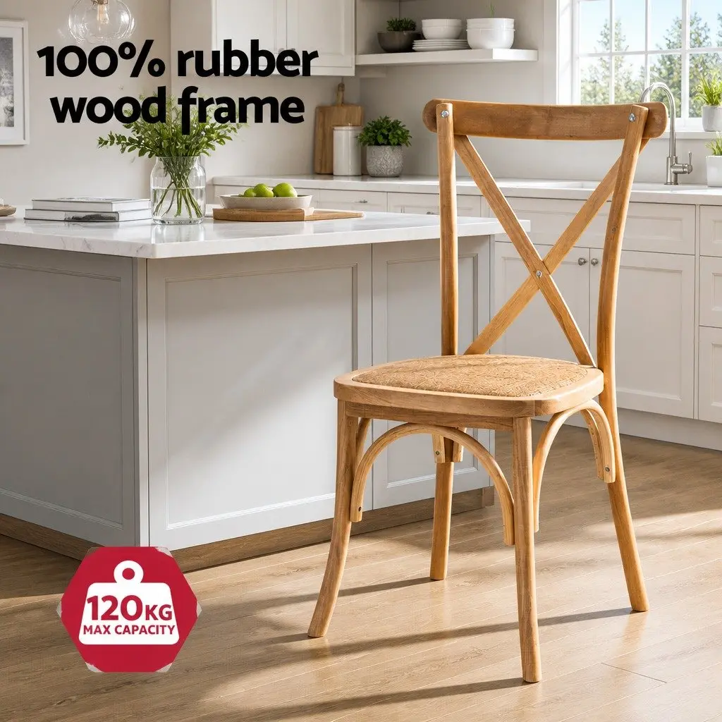 Dining Chairs Rattan Seat Wooden Frame 42cm x 42cm x 88cm Natural Rubber Wood Set of 4