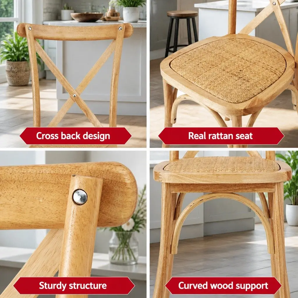 Dining Chairs Rattan Seat Wooden Frame 42cm x 42cm x 88cm Natural Rubber Wood Set of 4