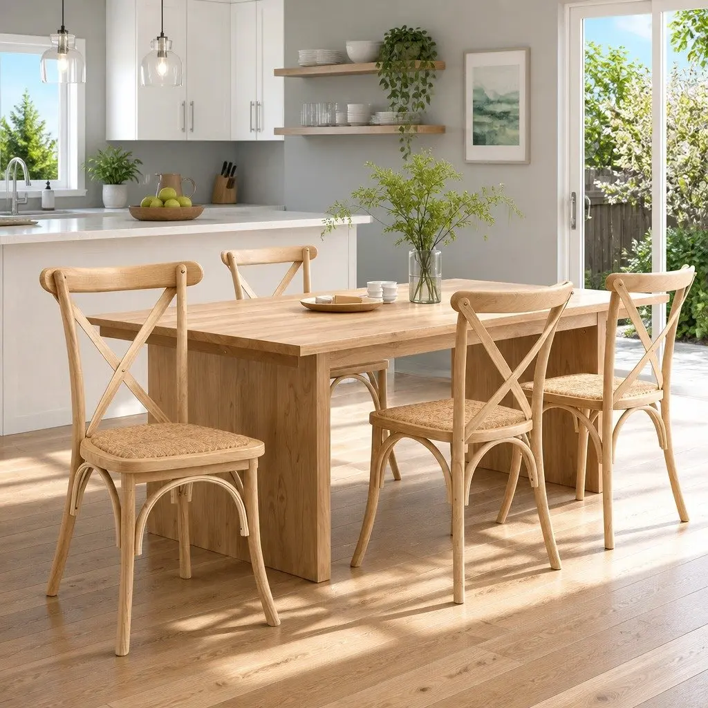 Dining Chairs Rattan Seat Wooden Frame 42cm x 42cm x 88cm Natural Rubber Wood Set of 4