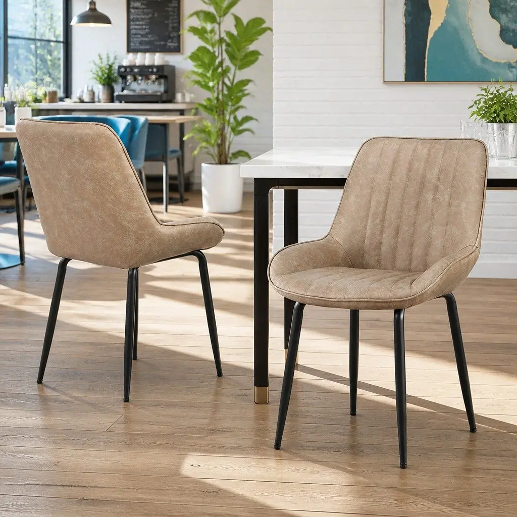 Dining Chairs Retro Channel Tufted Brown PU Leather Set of 2