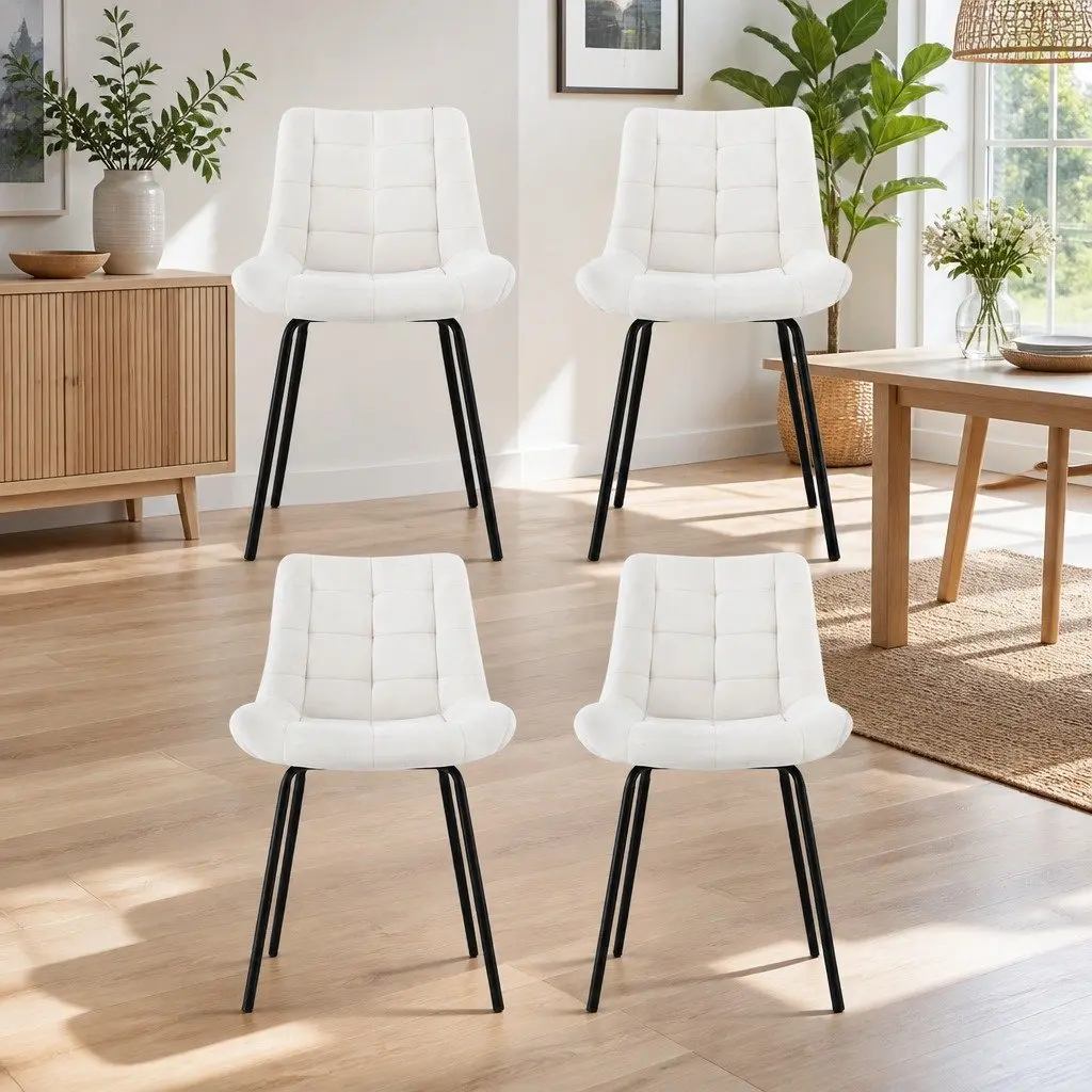 Dining Chairs Velvet Tufted Beige Ergonomic Curved Backrest Padded Seat Metal Legs Set of 4