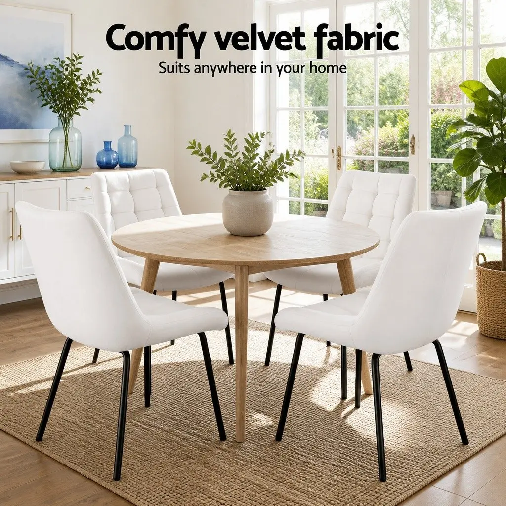 Dining Chairs Velvet Tufted Beige Ergonomic Curved Backrest Padded Seat Metal Legs Set of 4