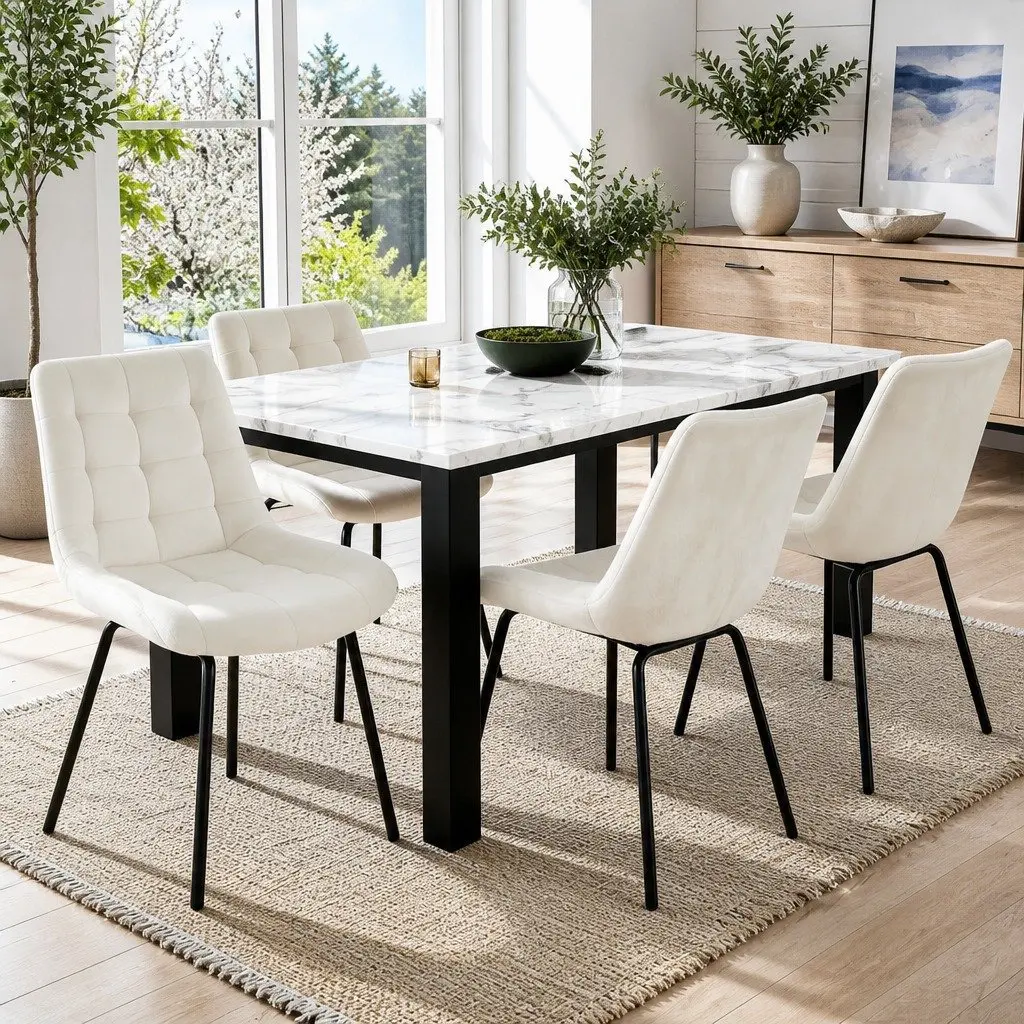 Dining Chairs Velvet Tufted Beige Ergonomic Curved Backrest Padded Seat Metal Legs Set of 4