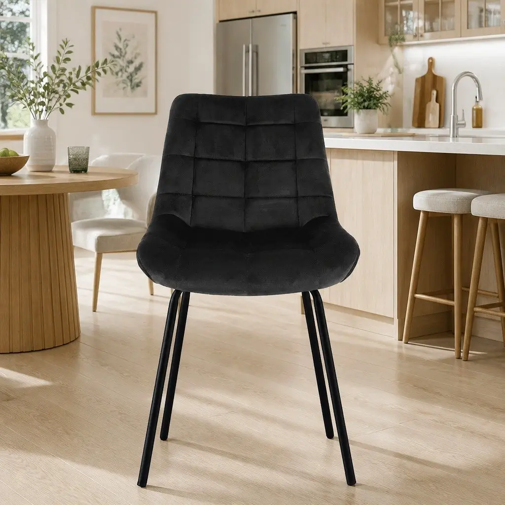 Dining Chairs Velvet Tufted Black Metal Legs 2 Piece