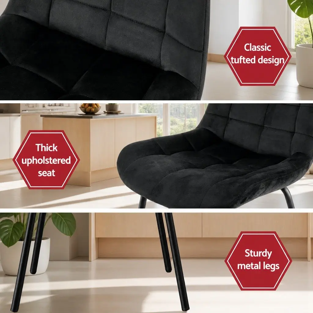 Dining Chairs Velvet Tufted Black Metal Legs 2 Piece