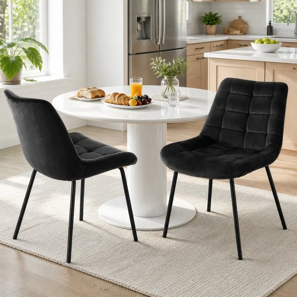Dining Chairs Velvet Tufted Black Metal Legs 2 Piece