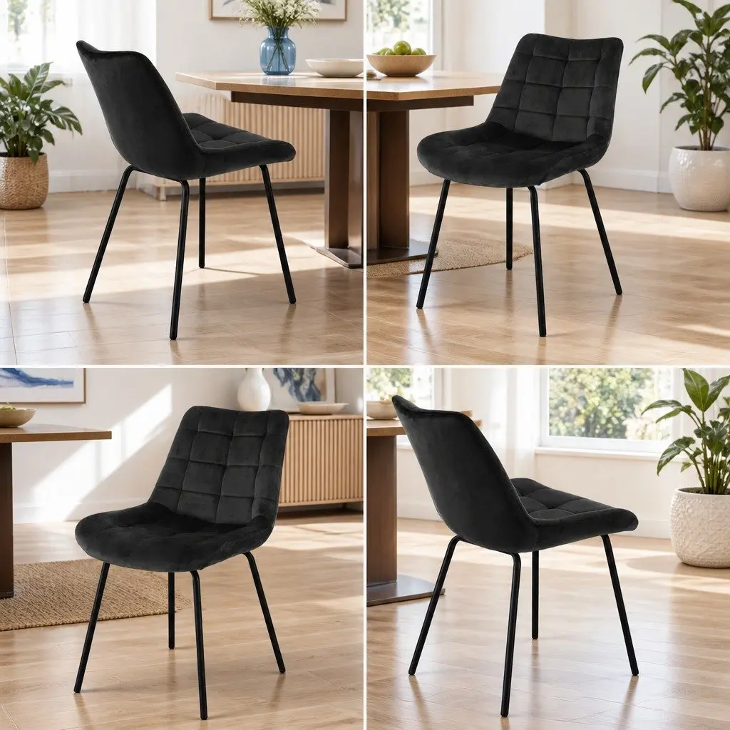 Set of 4 Velvet Tufted Black Dining Chairs