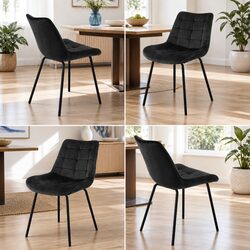 Set of 4 Velvet Tufted Black Dining Chairs