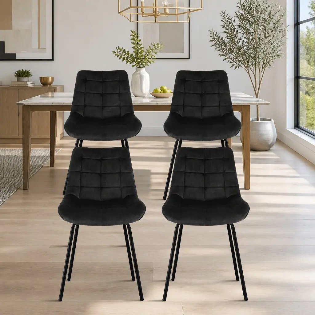 Dining Chairs Velvet Tufted Black Set of 4 Ergonomic Curved Backrest Padded Seat Metal Legs