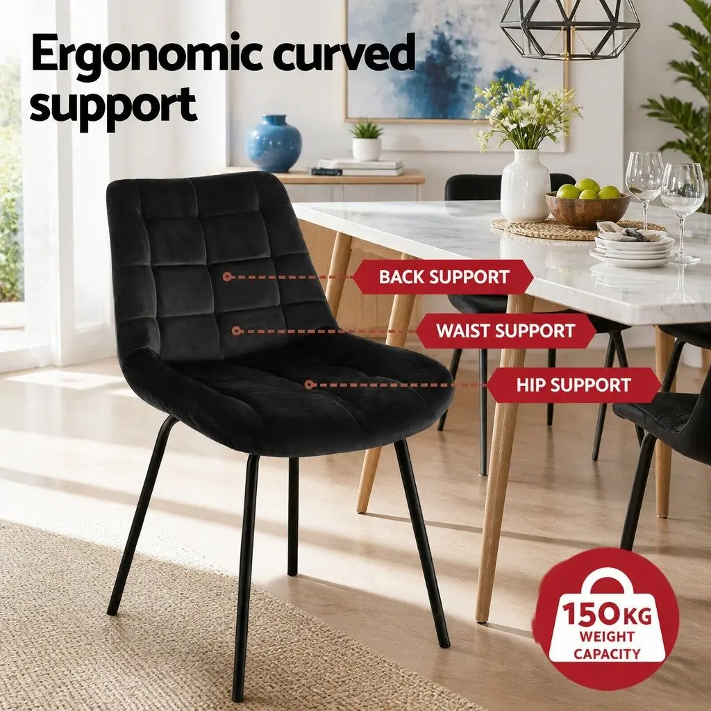 Dining Chairs Velvet Tufted Black Set of 4 Ergonomic Curved Backrest Padded Seat Metal Legs