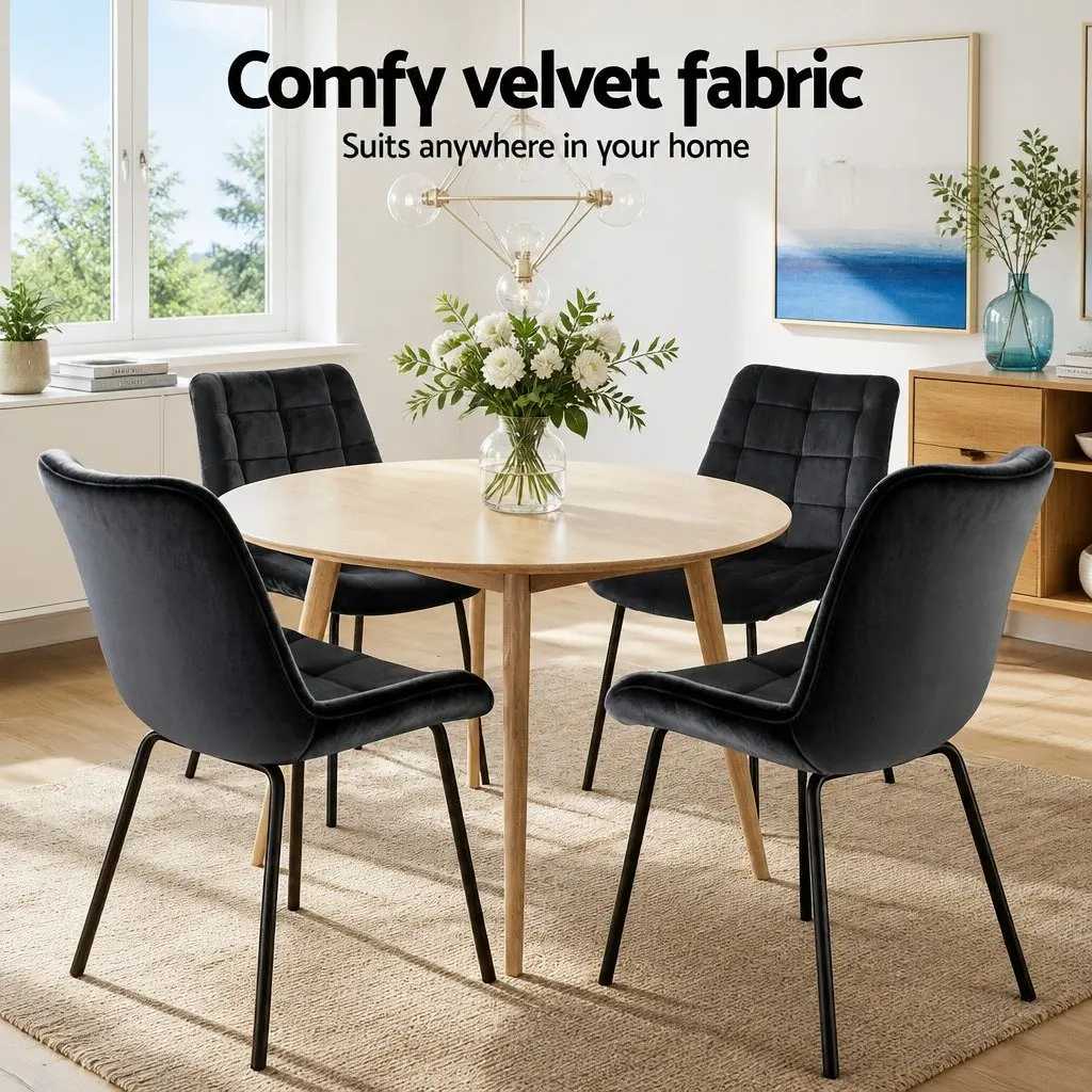 Dining Chairs Velvet Tufted Black Set of 4 Ergonomic Curved Backrest Padded Seat Metal Legs