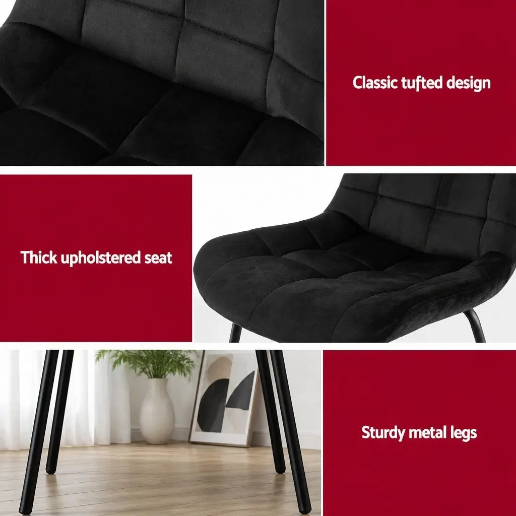 Dining Chairs Velvet Tufted Black Set of 4 Ergonomic Curved Backrest Padded Seat Metal Legs