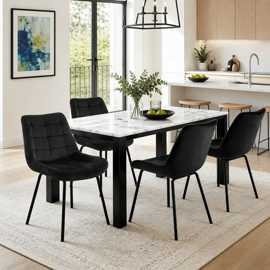 Dining Chairs Velvet Tufted Black Set of 4 Ergonomic Curved Backrest Padded Seat Metal Legs