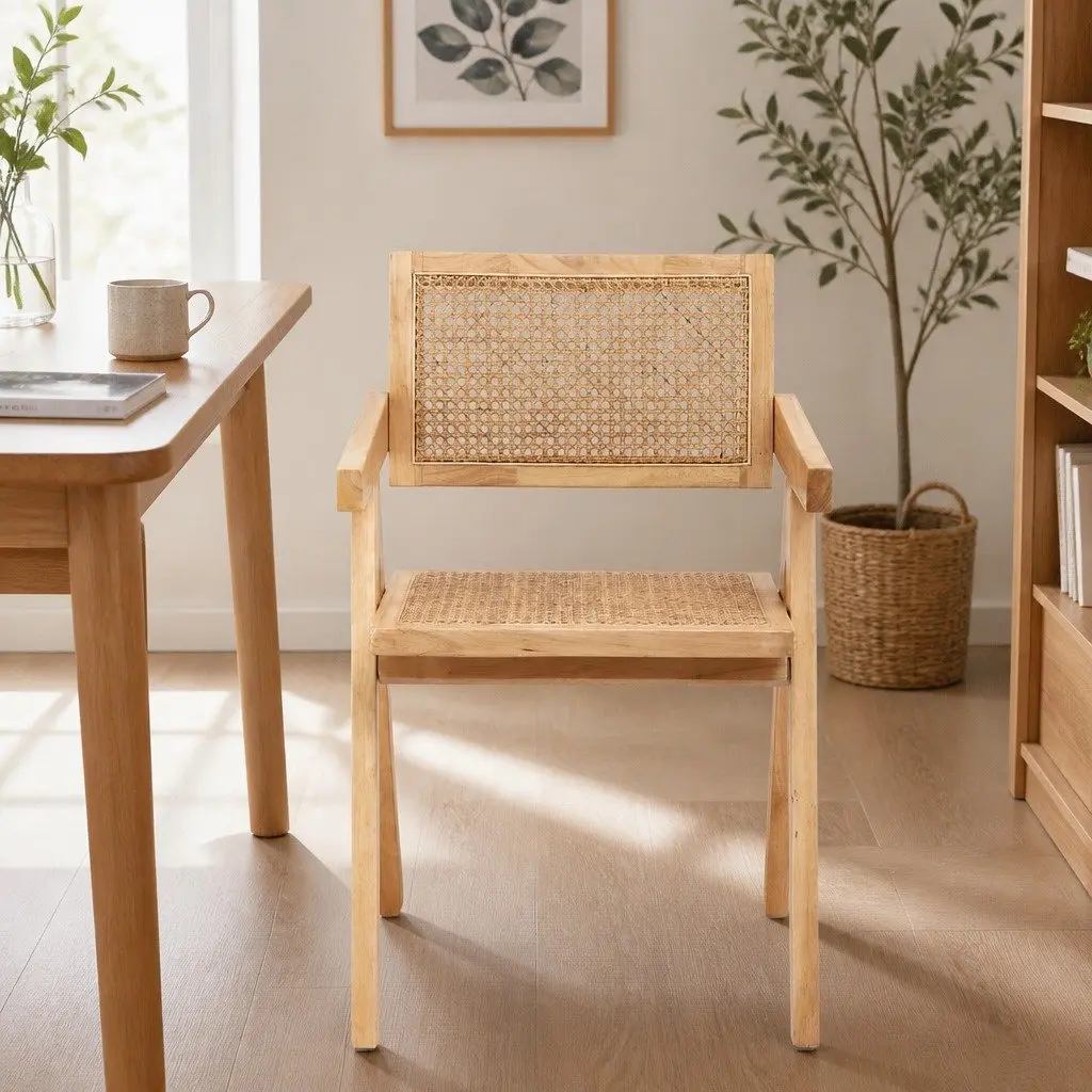 Dining Chair Wooden Rattan Seat Rubber Wood Frame Kitchen Furniture Natural Pine