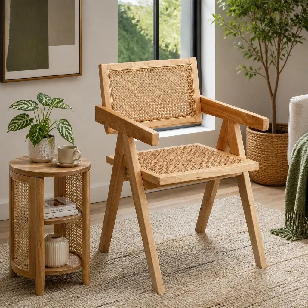 Dining Chair Wooden Rattan Seat Rubber Wood Frame Kitchen Furniture Natural Pine