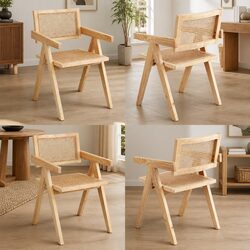 Set of 4 Wooden Dining Chairs with Rattan Seats