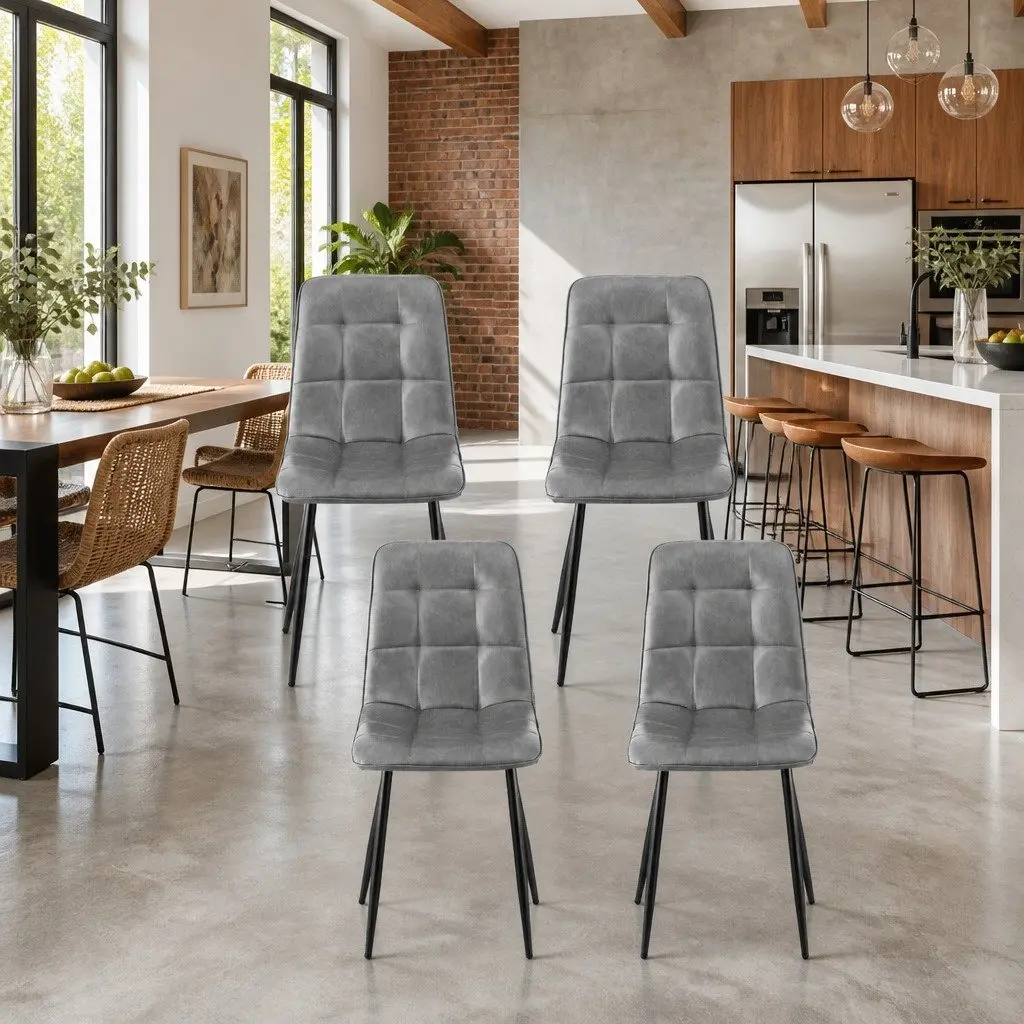 Dining Chairs Retro Grey PU Leather Seat Metal Legs 4 Piece