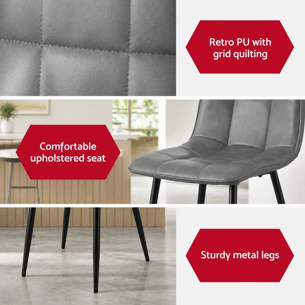 Dining Chairs Retro Grey PU Leather Seat Metal Legs 4 Piece