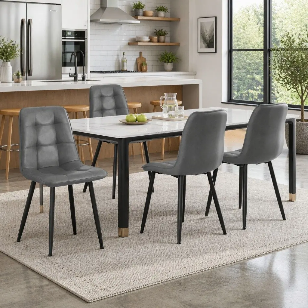 Dining Chairs Retro Grey PU Leather Seat Metal Legs 4 Piece
