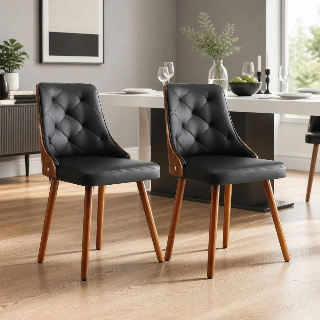 Dining Chairs Black PU Leather Diamond Tufted Kitchen Seating Set of 2