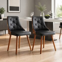 Set of 2 Black PU Leather Dining Chairs with Tufted Design