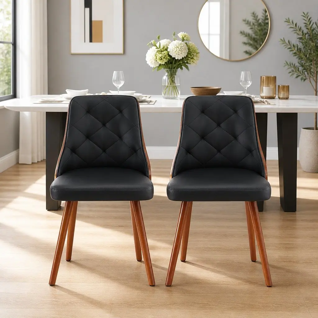 Dining Chairs Black PU Leather Diamond Tufted Kitchen Seating Set of 2