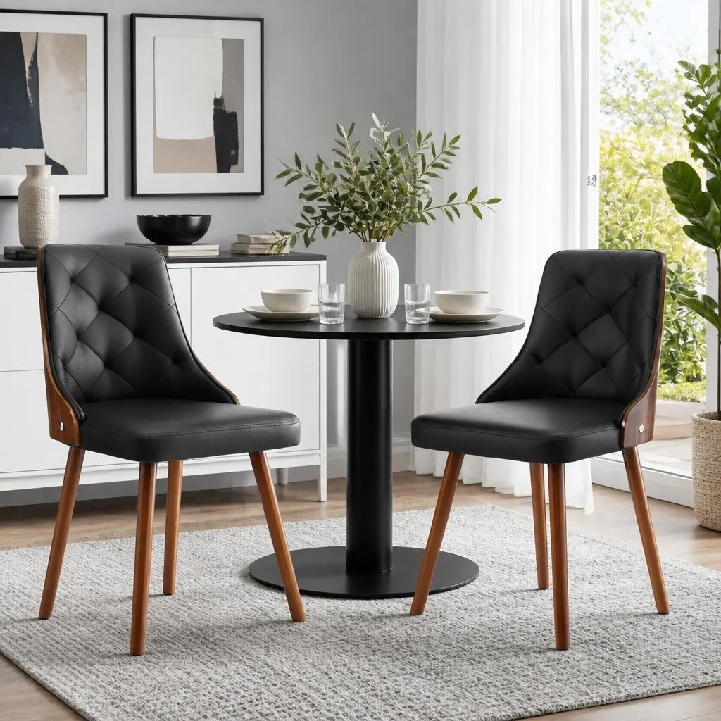 Dining Chairs Black PU Leather Diamond Tufted Kitchen Seating Set of 2