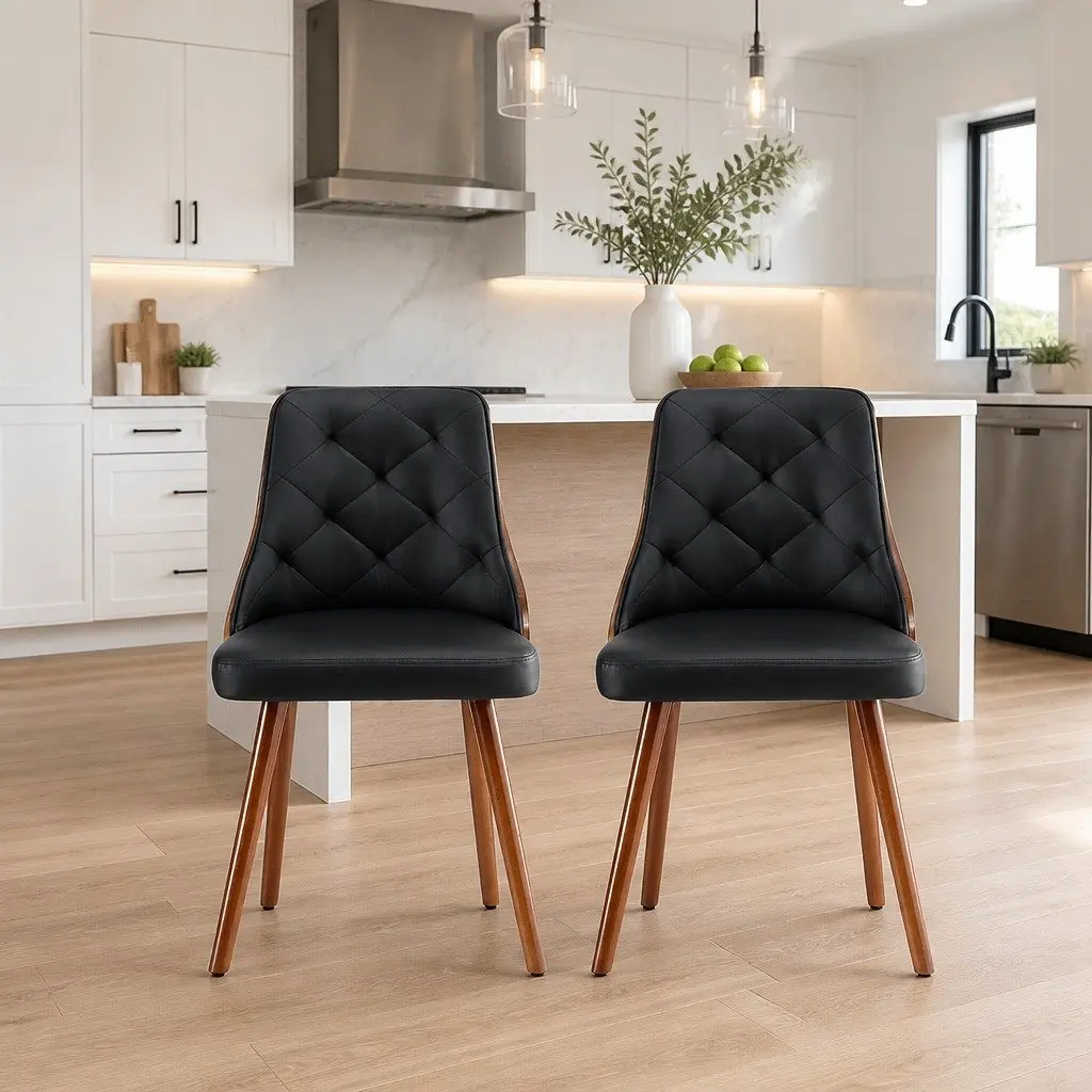 Dining Chairs Set of 4 Black PU Leather Kitchen Seat Diamond Tufted Design