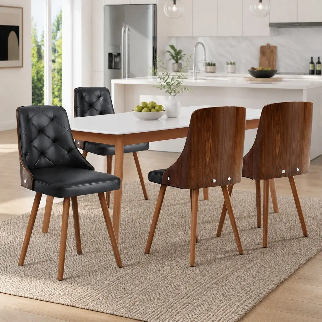 Dining Chairs Set of 4 Black PU Leather Kitchen Seat Diamond Tufted Design