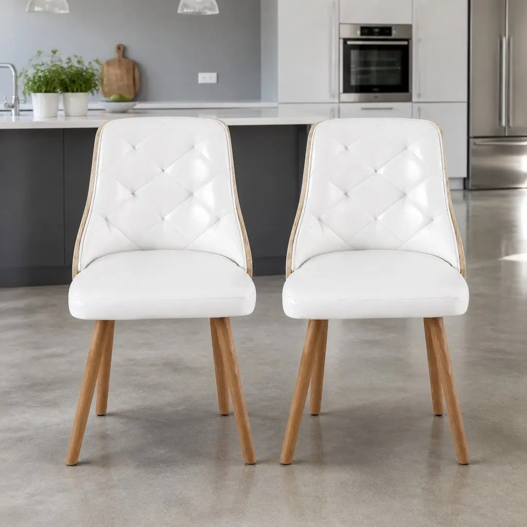 Dining Chairs Set of 2 White PU Leather Diamond Tufted Kitchen Seating Foam