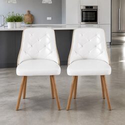 Set of 2 White PU Leather Dining Chairs with Tufted Design