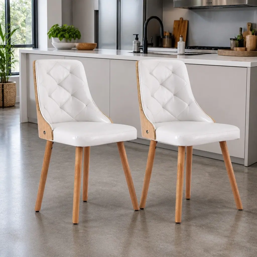 Dining Chairs White PU Leather Diamond Tufted 48.5cm x 47cm x 84cm Foam