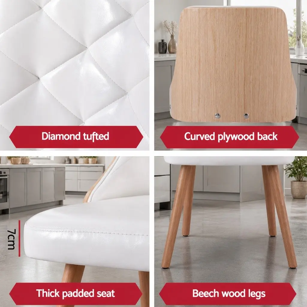 Dining Chairs White PU Leather Diamond Tufted 48.5cm x 47cm x 84cm Foam