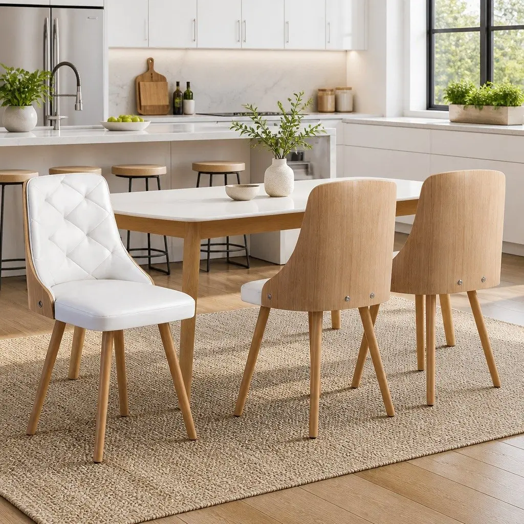 Dining Chairs Set of 4 White PU Leather Kitchen Seats Diamond Tufted Design