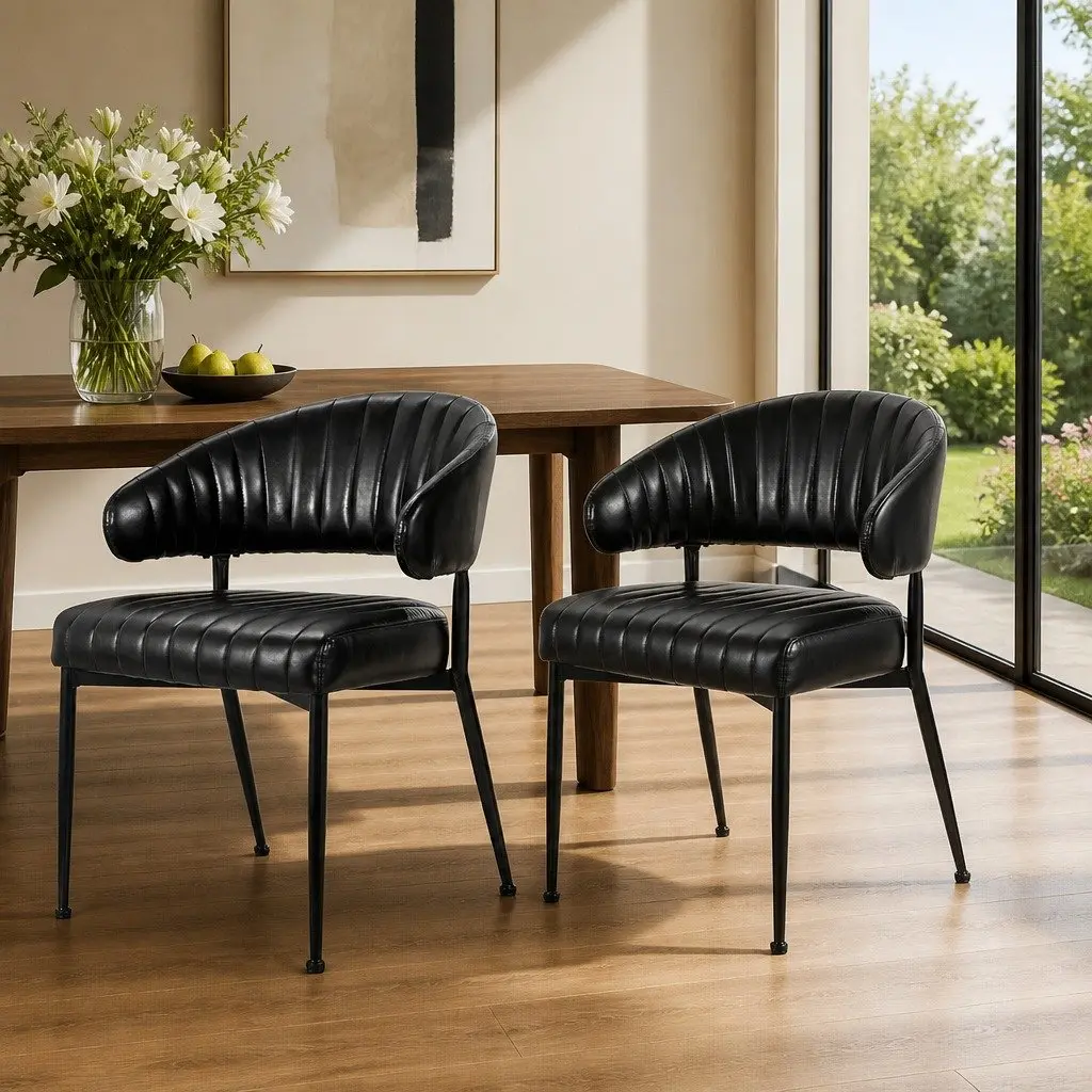 Set of 2 Black Leather Dining Chairs with Armrests
