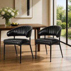 Set of 2 Black Leather Dining Chairs with Armrests