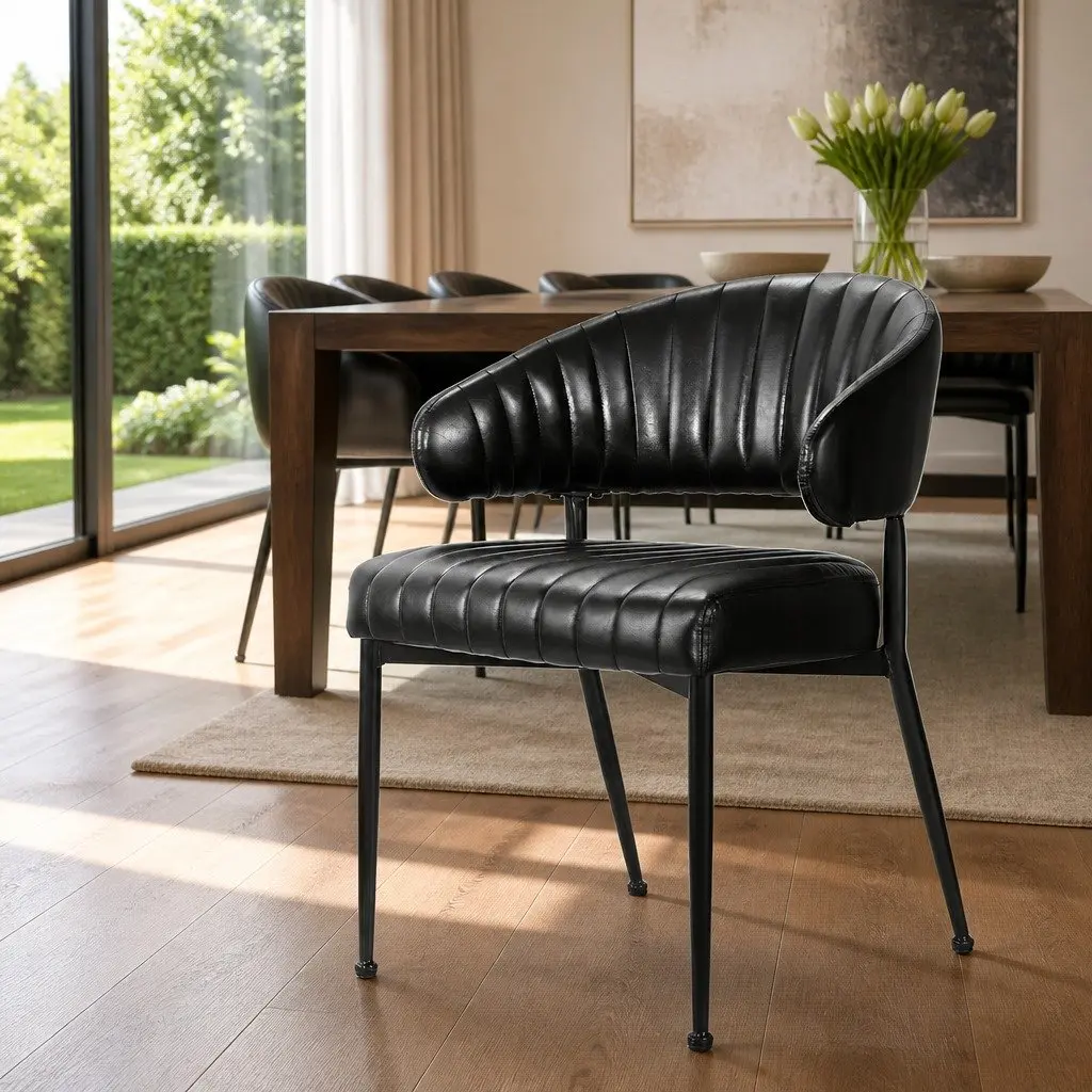 Set of 2 Black Leather Dining Chairs with Armrests