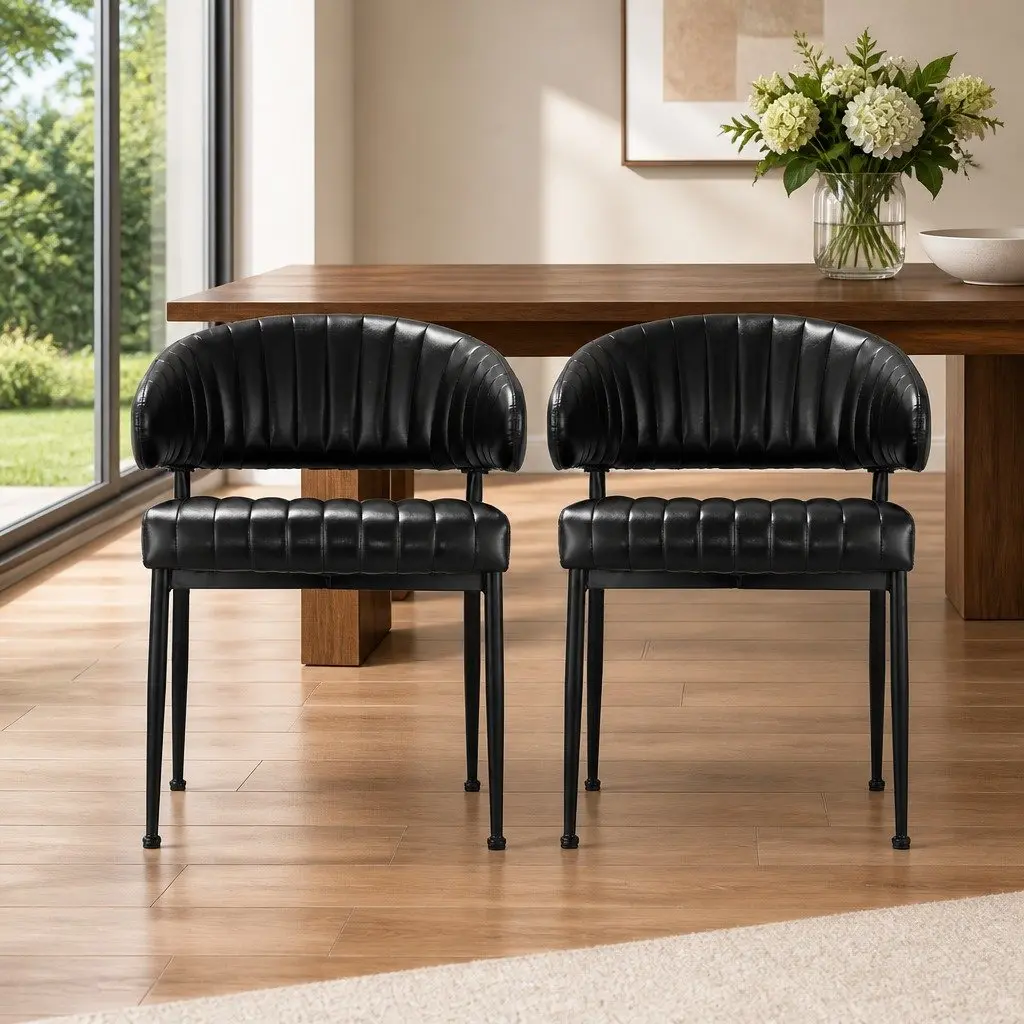 Set of 2 Black Leather Dining Chairs with Armrests