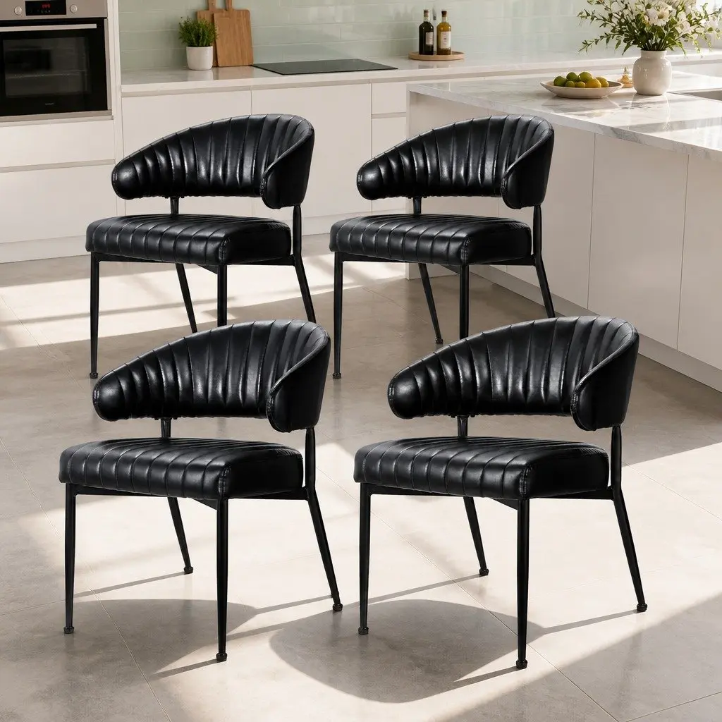 Dining Chairs Leather Armchair Padded Seat Black Metal Frame Set of 4
