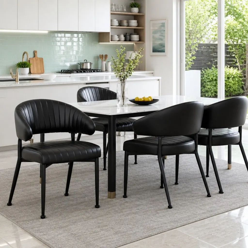 Dining Chairs Leather Armchair Padded Seat Black Metal Frame Set of 4